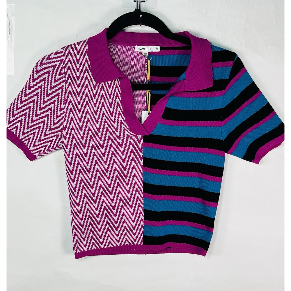 Immodel Women's Juniors M Short Sleeve Collared Cropped Sweater Colorful Fun NWT